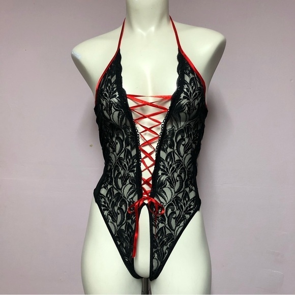 DREAMGIRL Sexy Black Lace & Red Satin Lace Up Bodysuit Size Small - Picture 1 of 7